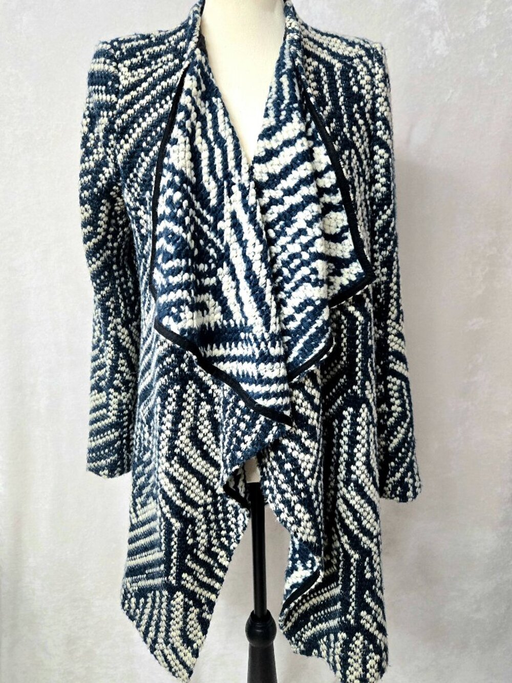 BASH‎ Paris Icare Geometric Draped Waterfall Open Front Knit Cardigan Jacket